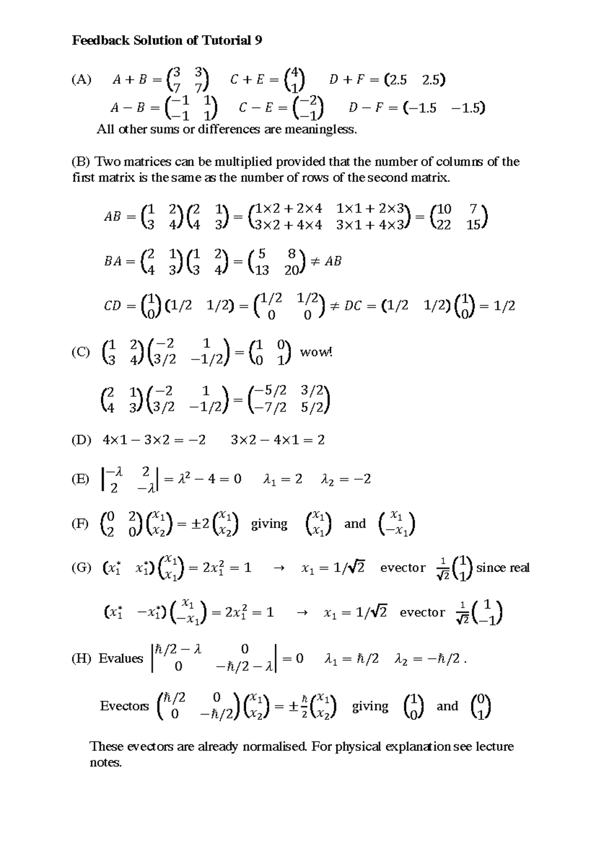Quantum Physics Tutorial 9 - Solutions - Feedback Solution of Tutorial ...