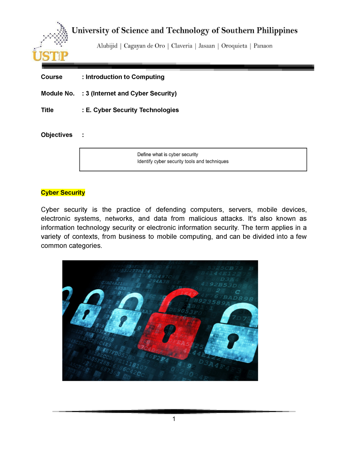 Cyber Security Technologies - Course : Introduction To Computing Module ...