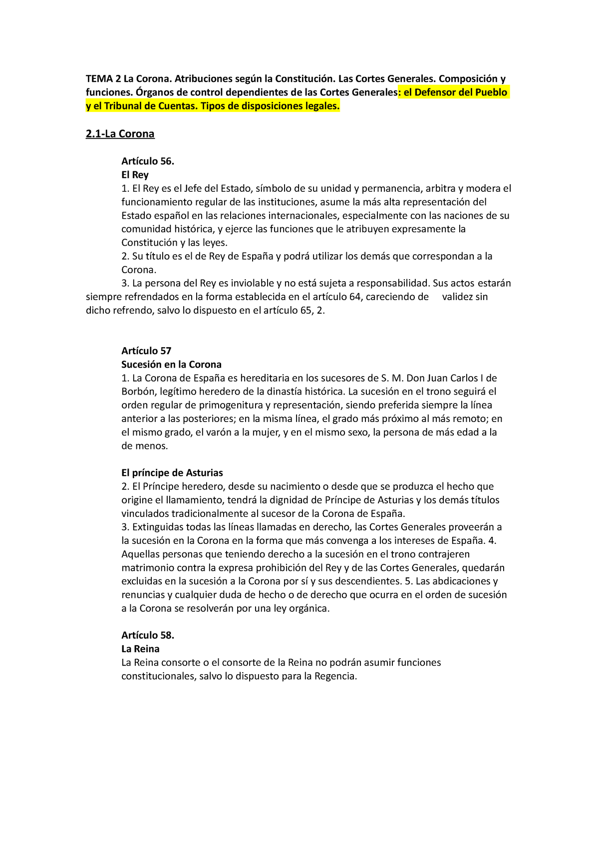 TEMA 2 La Corona - TEMA 2 La Corona. Atribuciones Según La Constitución ...