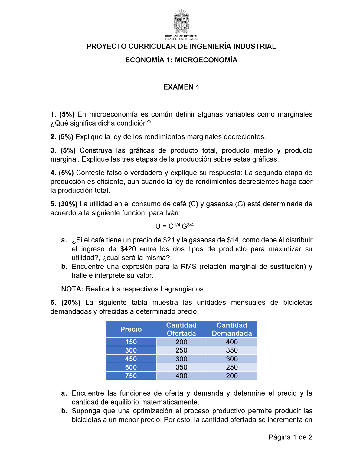 Examen 1 - Microeconomía. Conceptos Basicos - Página 1 De 2 PROYECTO ...