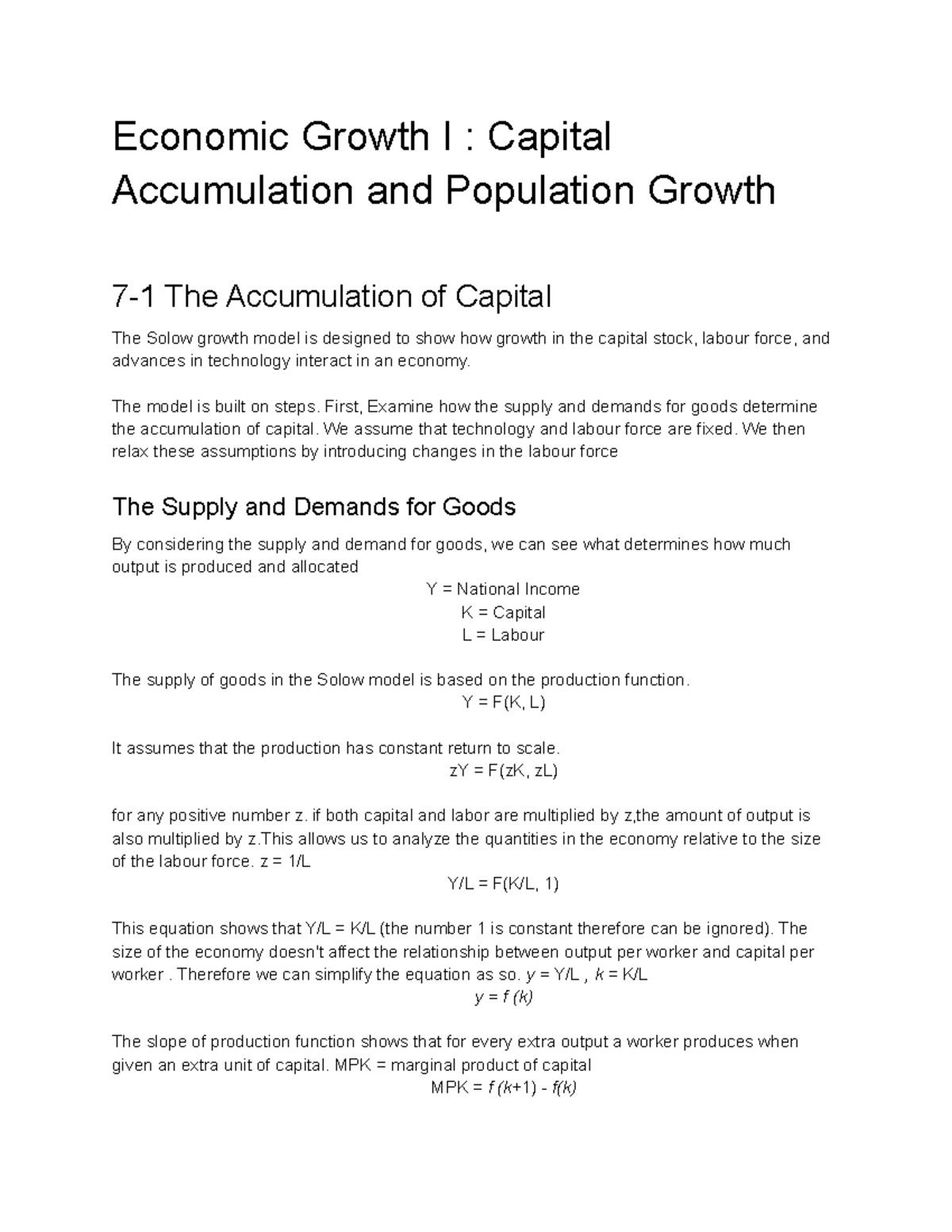 Economic Growth I Capital Accumulation and Population Growth The