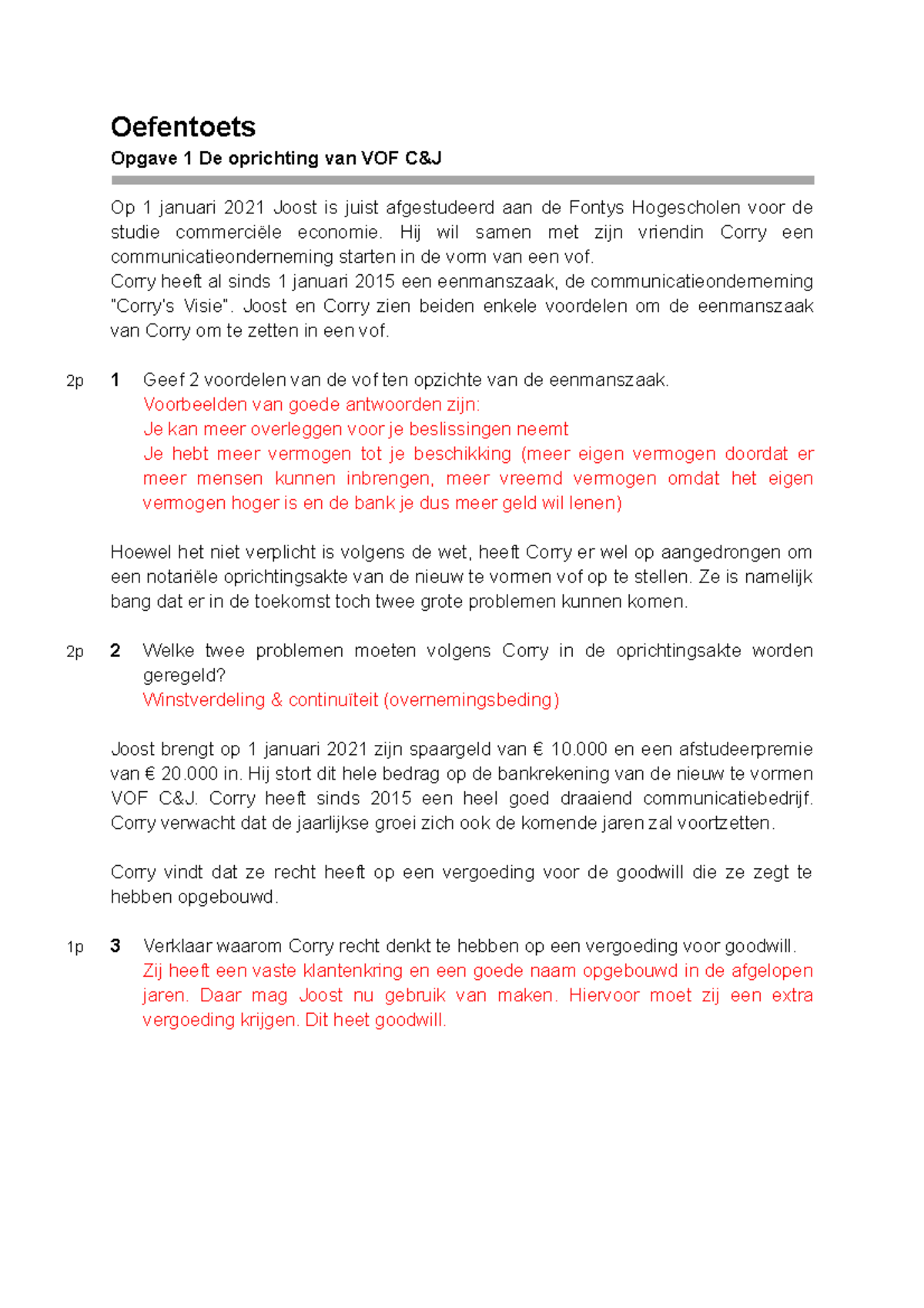 Oefentoets Havo 4 Met Uitw - Oefentoets Opgave 1 De Oprichting Van VOF ...