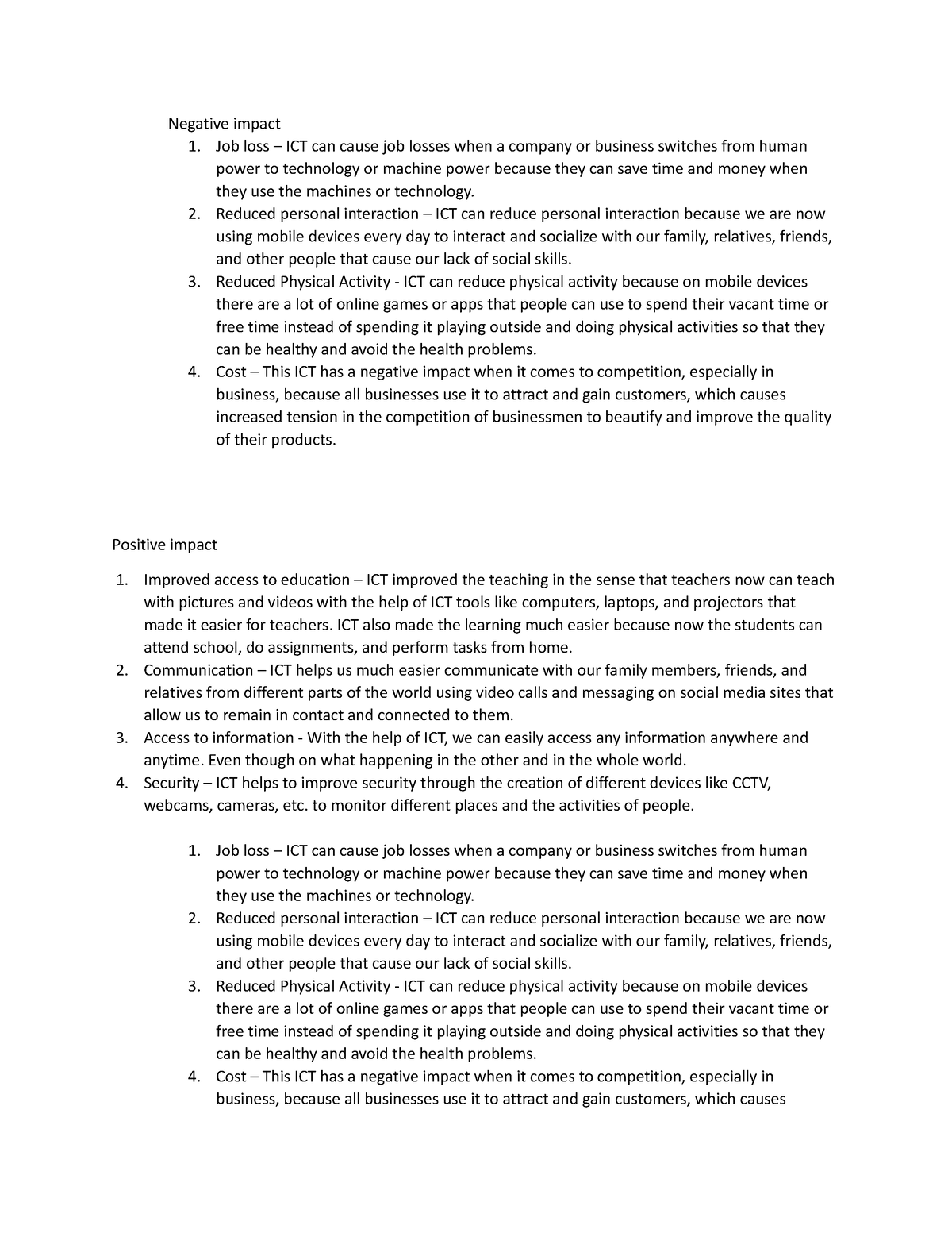 Quiz 1 in LITE - For my study - Negative impact 1. Job loss – ICT can ...