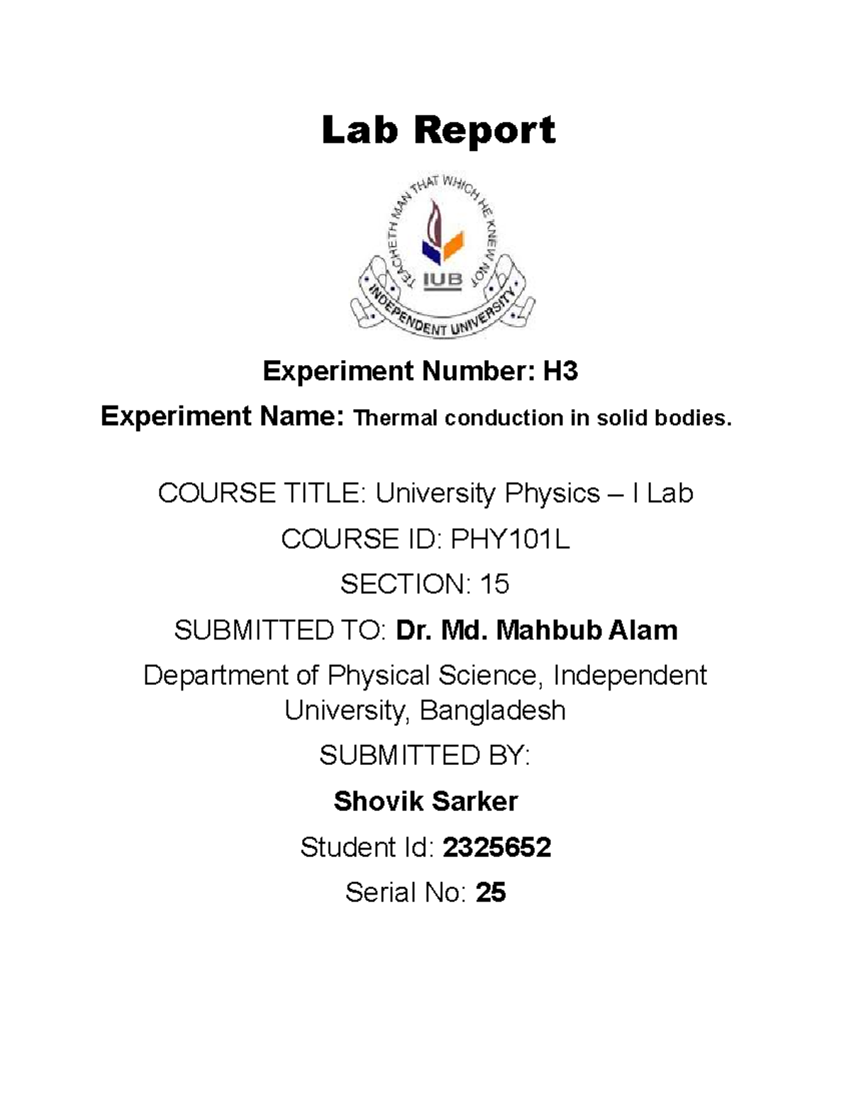 Lab Report H3 Thermal conduction in solid bodies. Lab Report