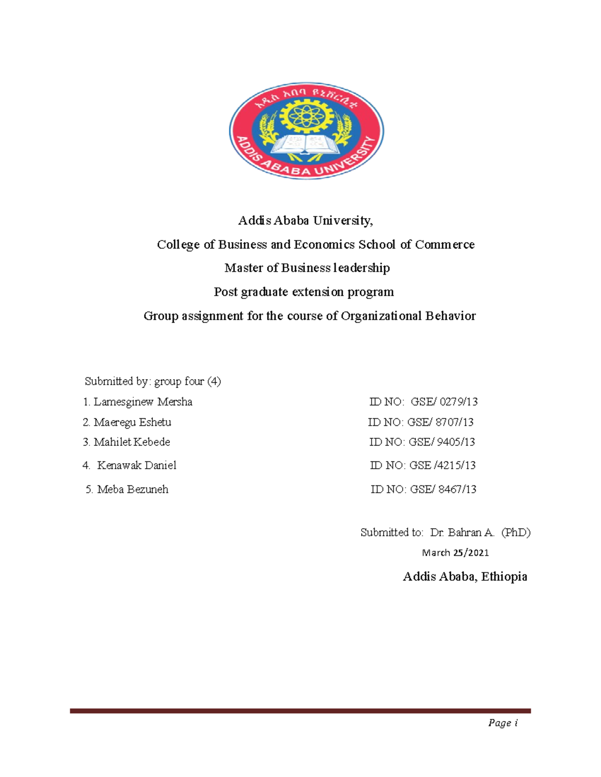 OB Group Assignment Updated - Addis Ababa University, College of ...