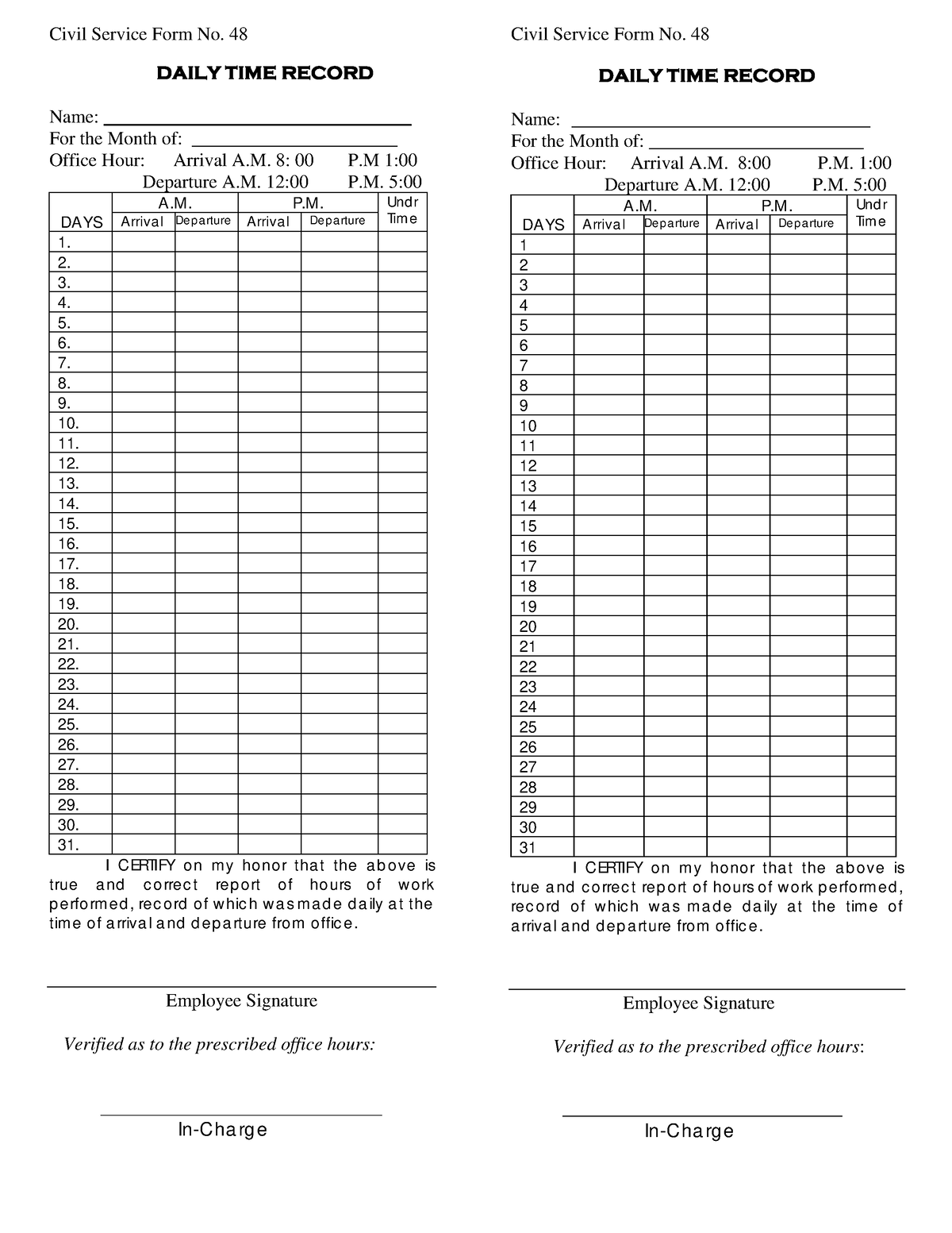 Form48 - Pdf - Civil Service Form No. 48 DAILY TIME RECORD Name