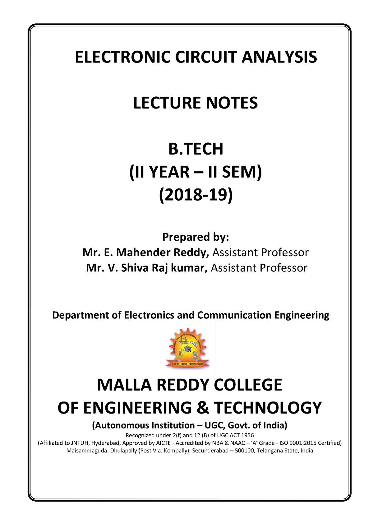 Electronic Circuit Analysis 30112018 - ELECTRONIC CIRCUIT ANALYSIS ...