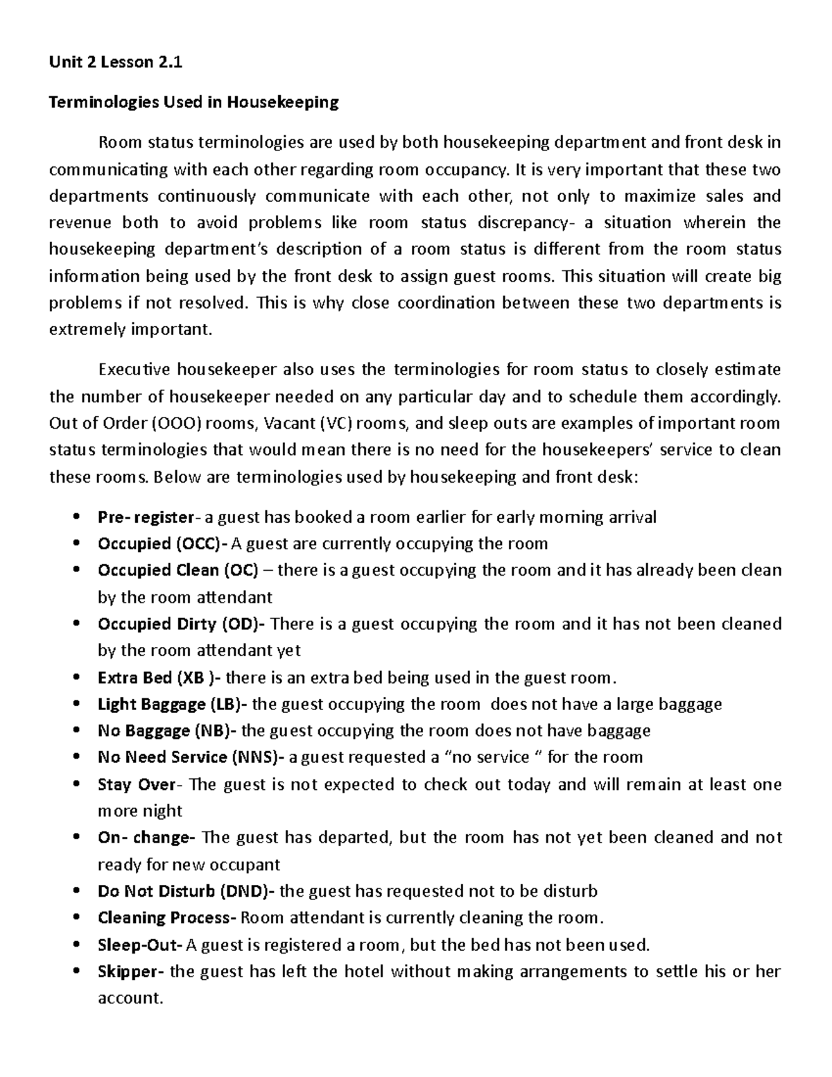 Unit 2 Lesson 2 1 Housekeeping Unit 2 Lesson 2 Terminologies Used In 