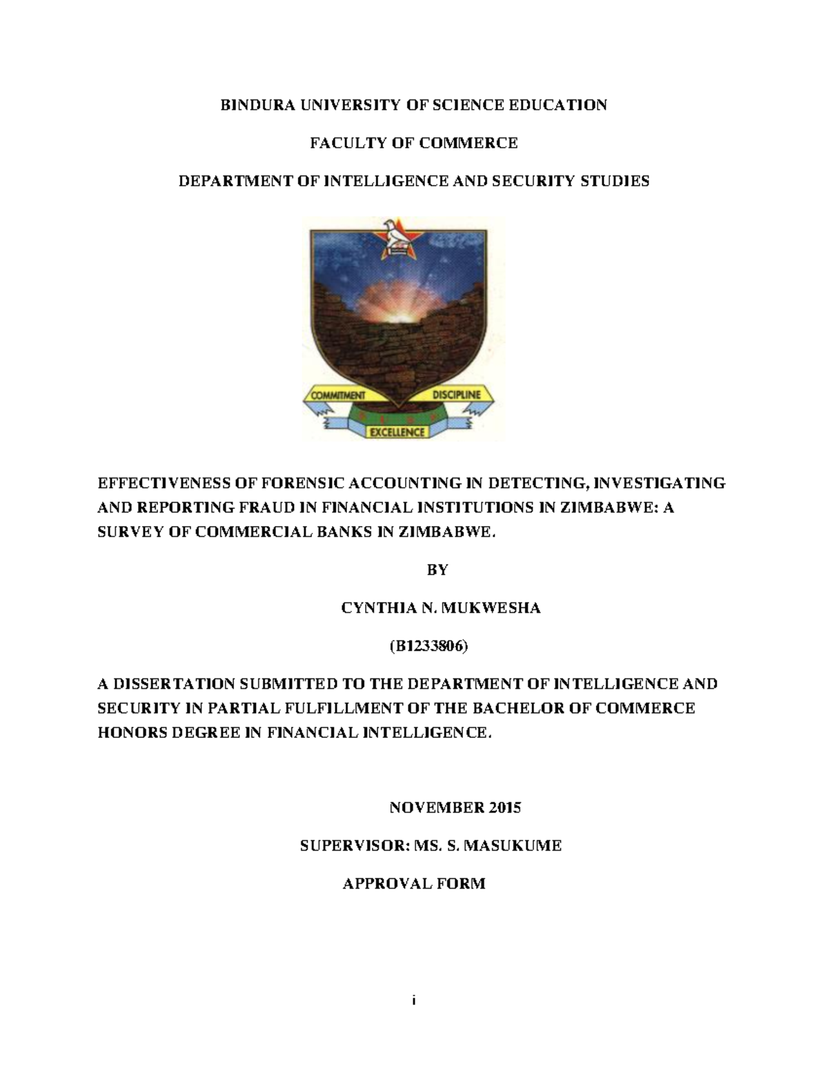 Dissertation mukwesha-cythnia - i BINDURA UNIVERSITY OF SCIENCE