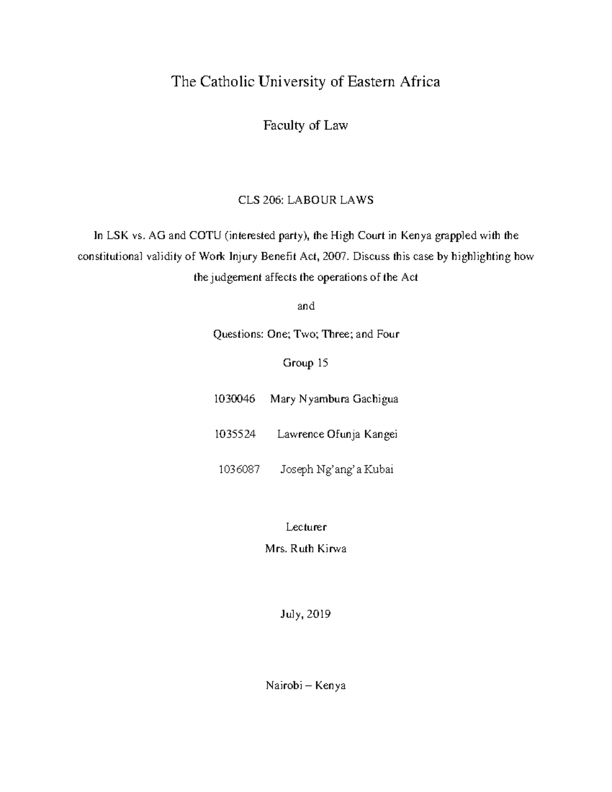 CLS 206 Labour LAWS CAT Assignment 2019 - The Catholic University of ...