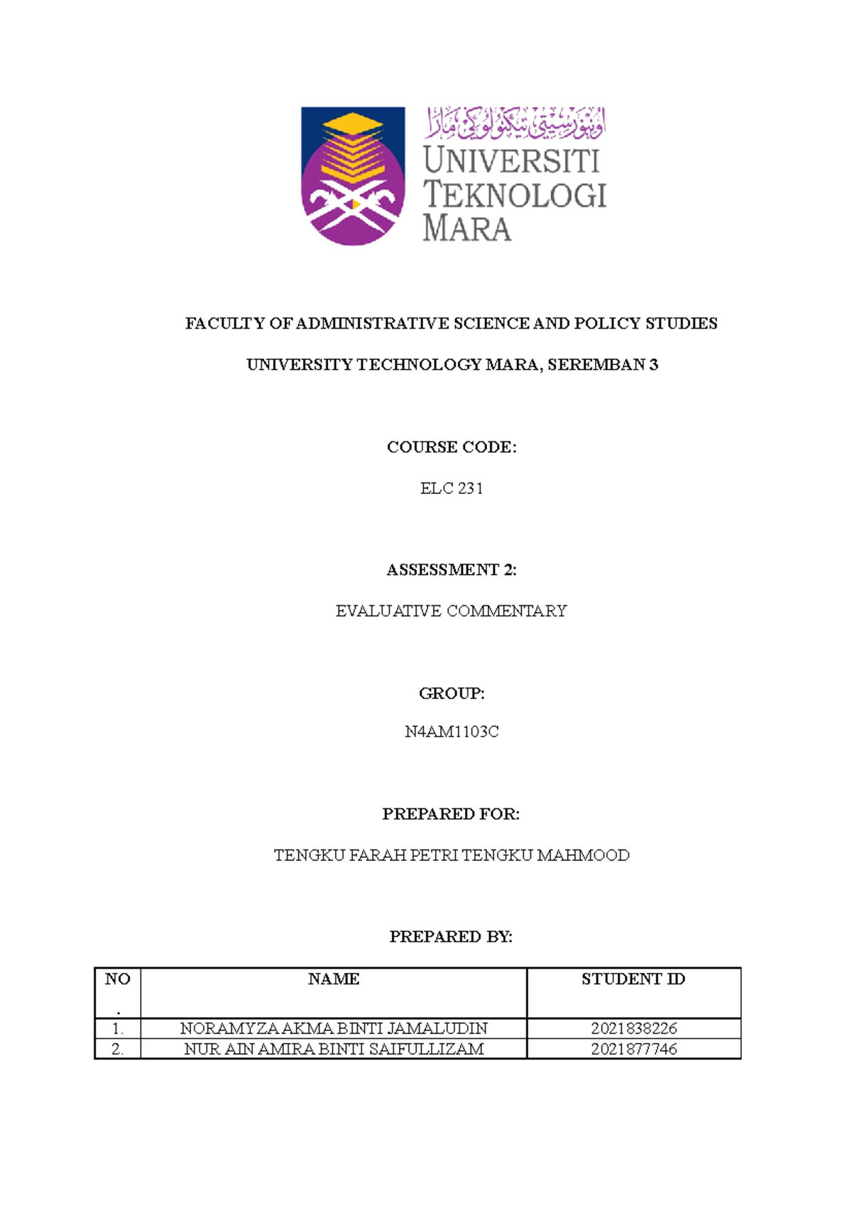 Elc Evaluative Commentary Faculty Of Administrative Science And