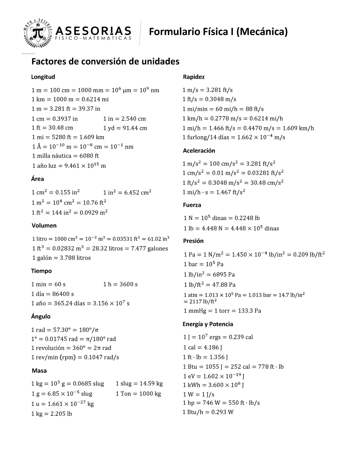 Física I - Buena - Longitud Factores de conversión de unidades Rapidez ...