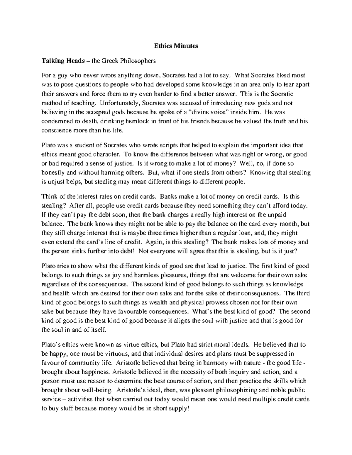 Ethics Minutes Scripts for Students - Ethics Minutes Talking Heads ...