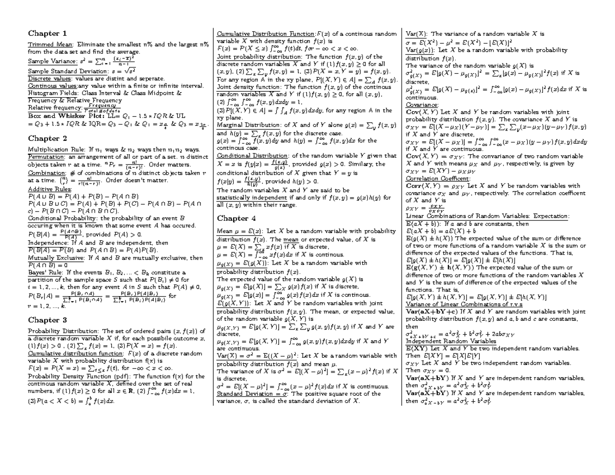 Cheat Sheet for Midterm Exam - Chapter 1 Trimmed Mean: Eliminate the ...