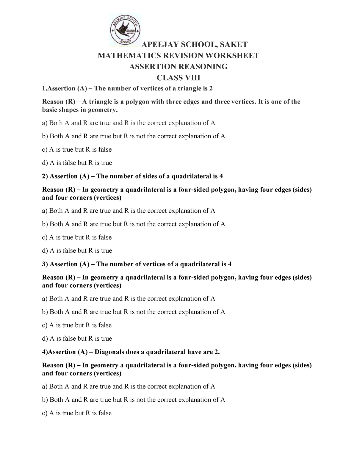 Class 8- Assertion - Reasoning - APEEJAY SCHOOL, SAKET MATHEMATICS ...