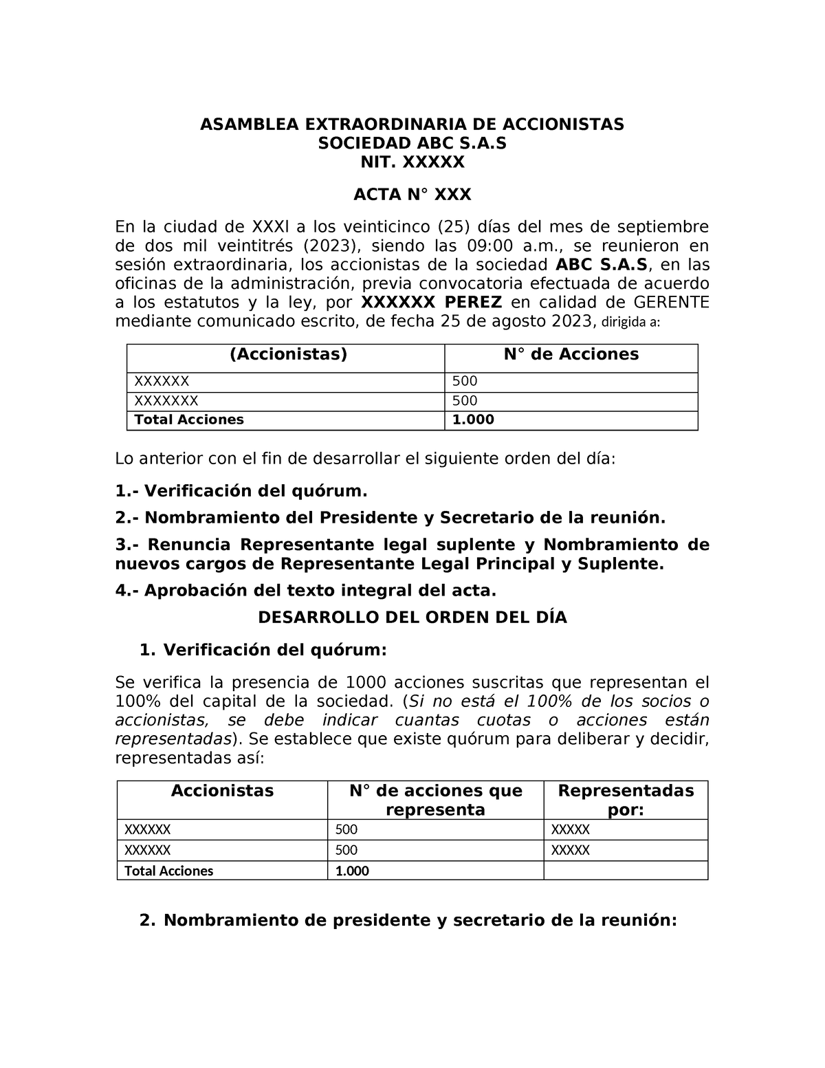 Acta Modelo Para Nombramiento De Representante Legal Asamblea