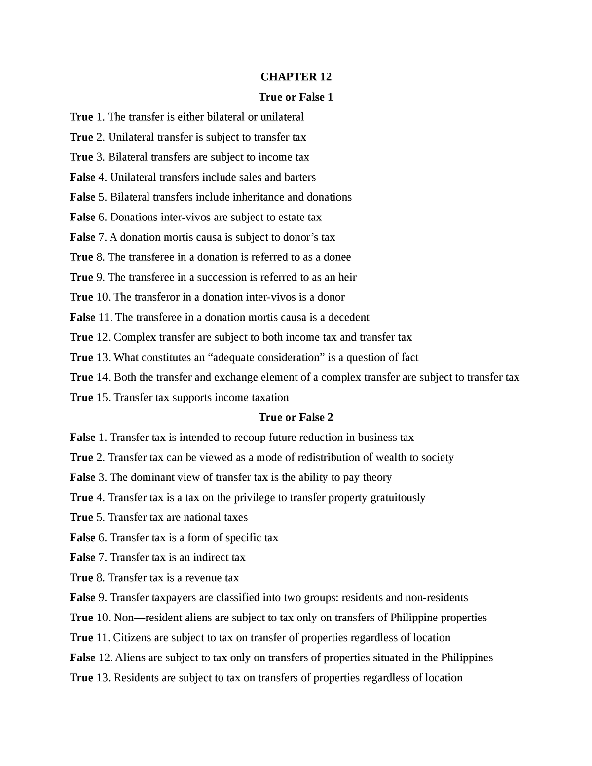 CHapter 12 - Introduction To Transfer Taxation - CHAPTER 12 True Or ...