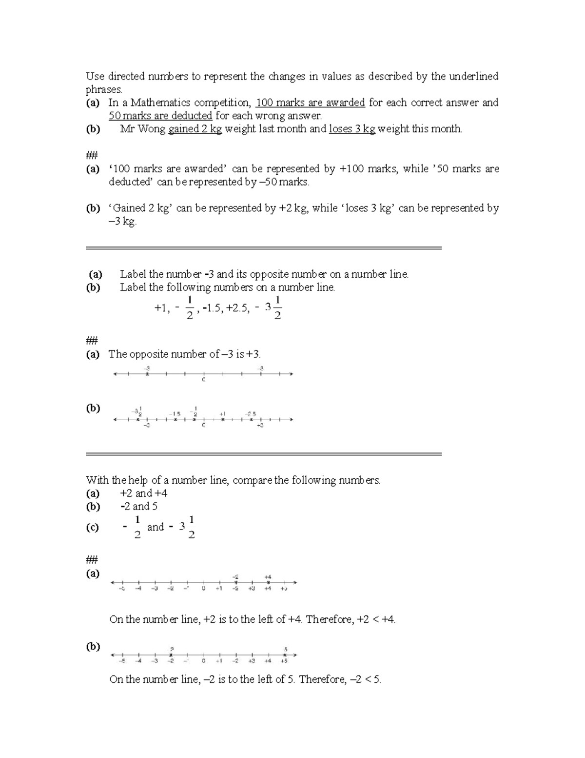 Set 1 - Directed numbers - Use directed numbers to represent the ...