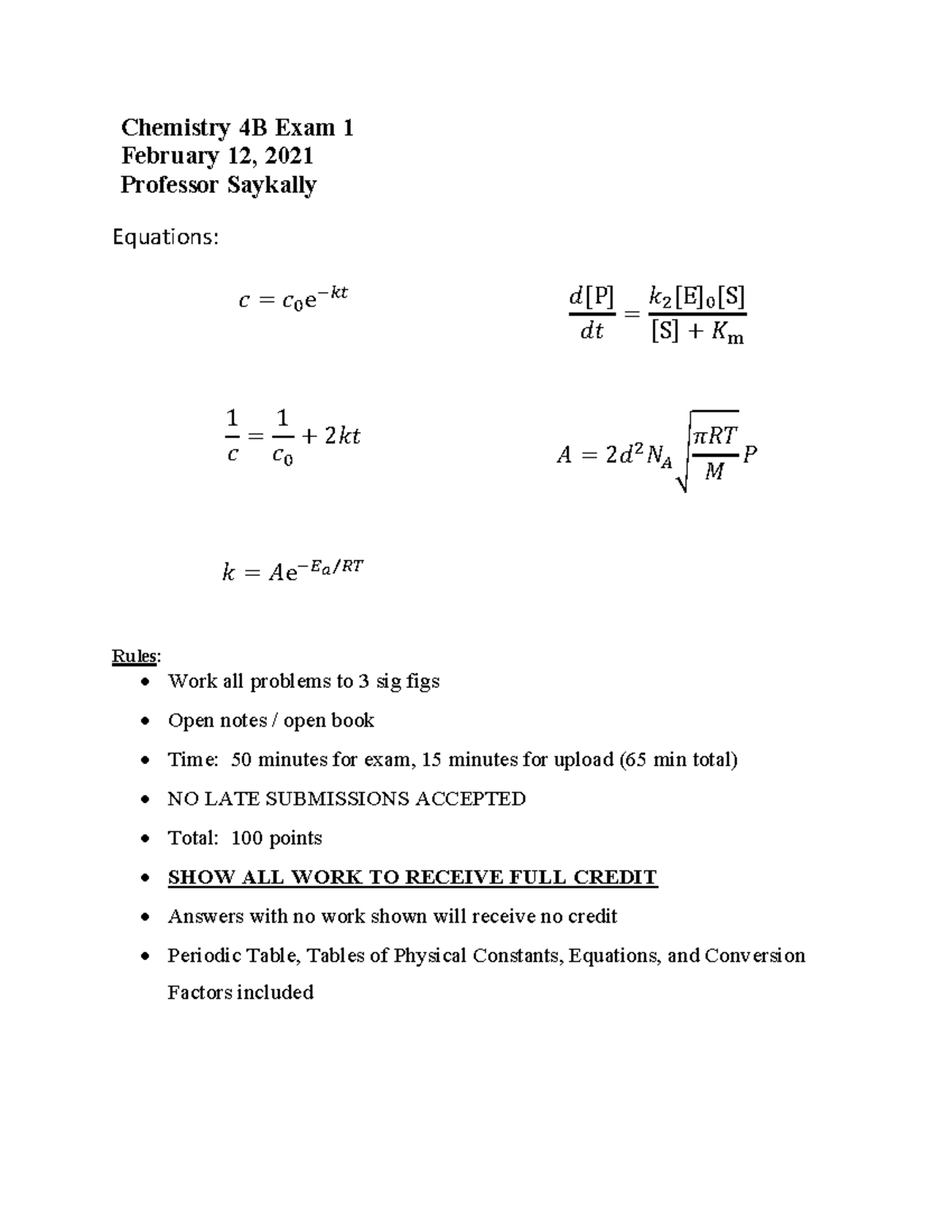 Practice Midterm 1 - Chemistry 4B Exam 1 February 12, 2021 Professor ...