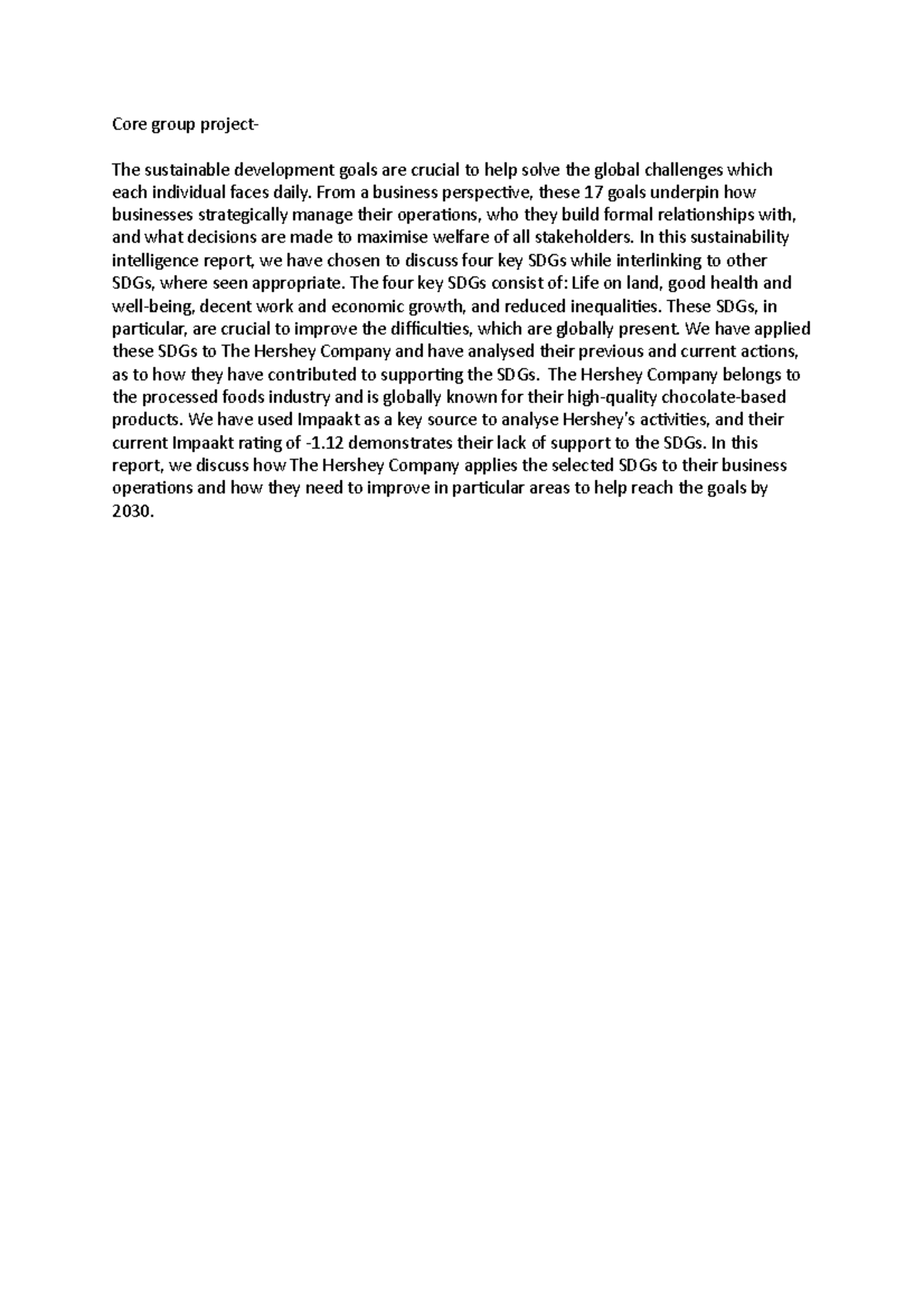Core group project intro - Core group project- The sustainable ...