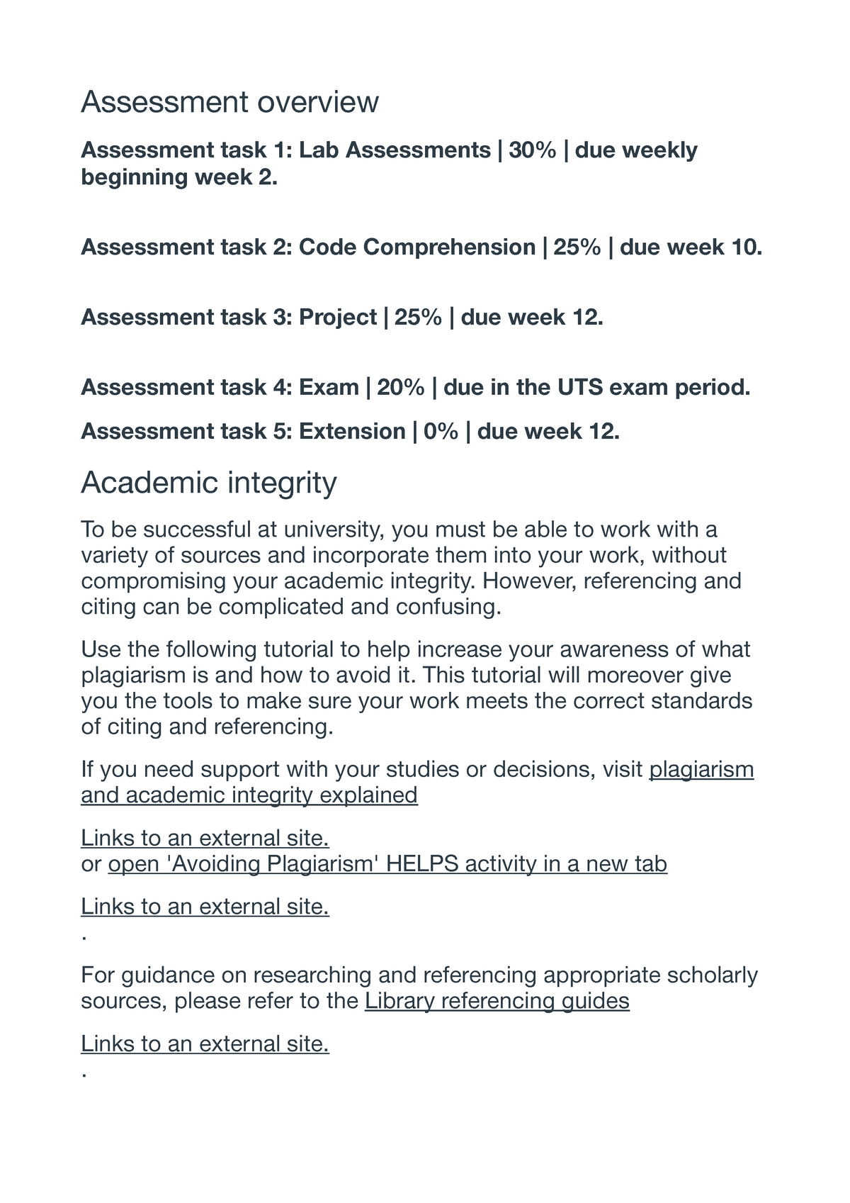 Overview of Assessments for Semester - Assessment overview Assessment ...