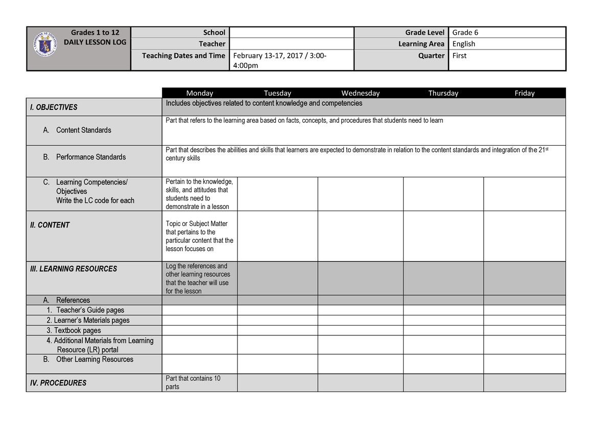 Daily Learning Letter - Grades 1 to 12 DAILY LESSON LOG School Grade ...