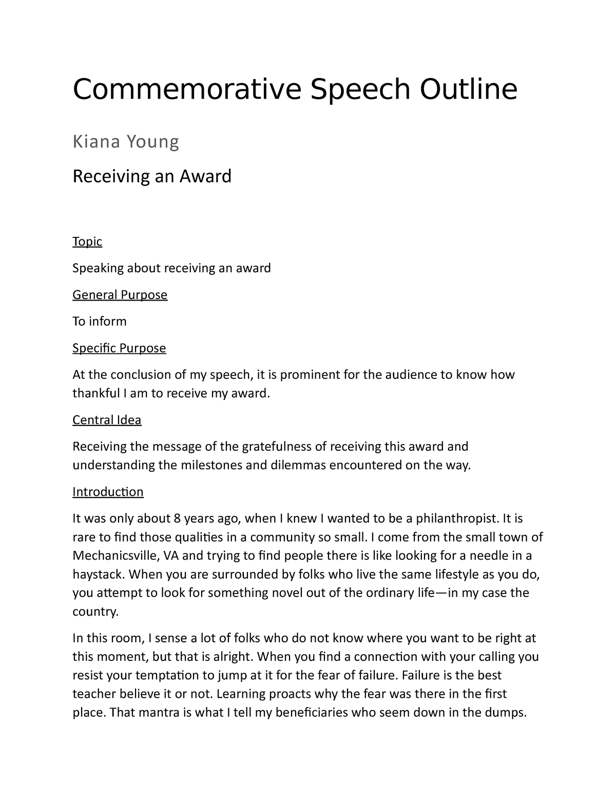 Commemorative Speech Outline Assignment Commemorative Speech Outline Kiana Young Receiving An