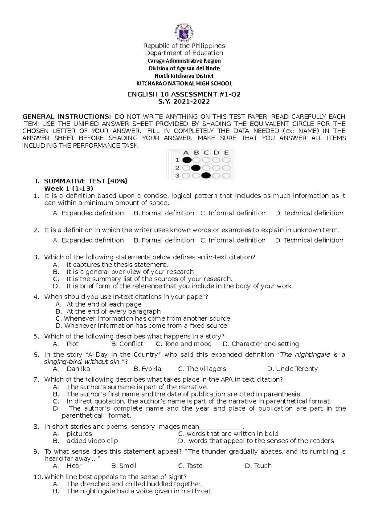 Sample- English-10-Q2-TQ Summative-1-2021-Edited - Republic of the ...