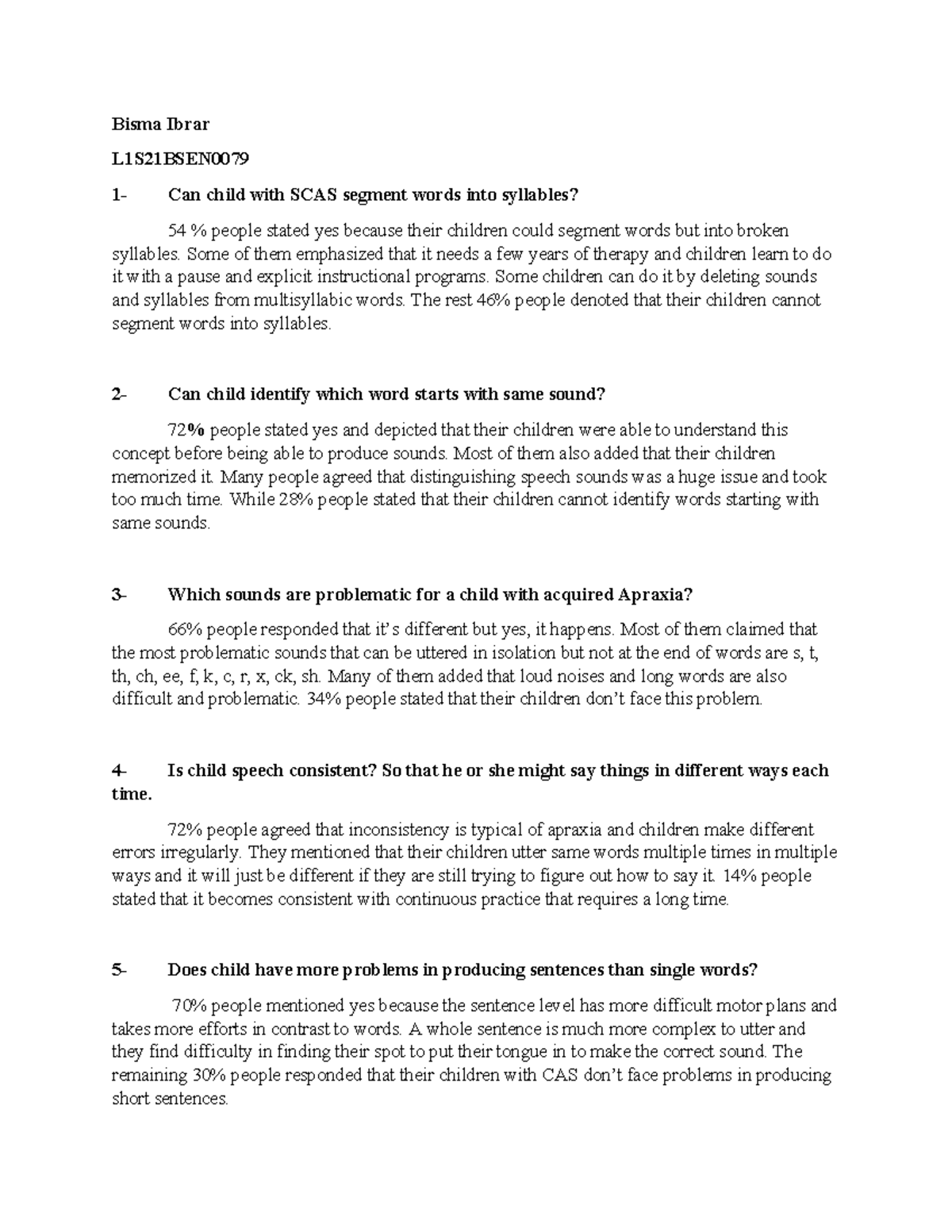 Bisma Ibrar Apraxia analysis - Bisma Ibrar L1S21BSEN 1- Can child with ...