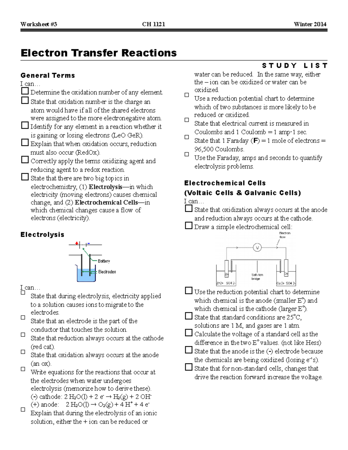 3 Electrochemistry Study Guide Worksheet CH 1121 Winter 2014