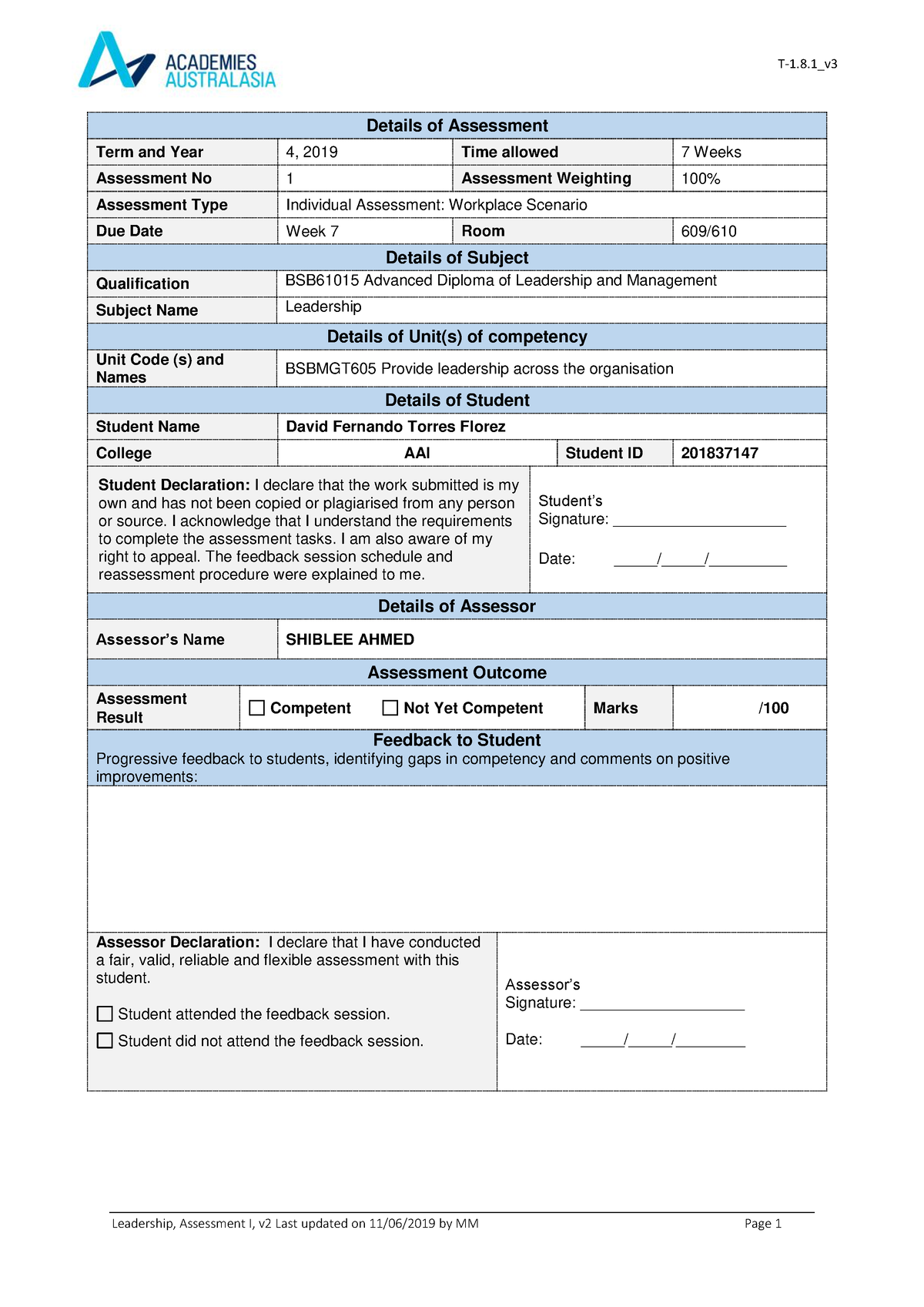 Assessment I - Leadership David Torres - Details of Assessment Term and ...