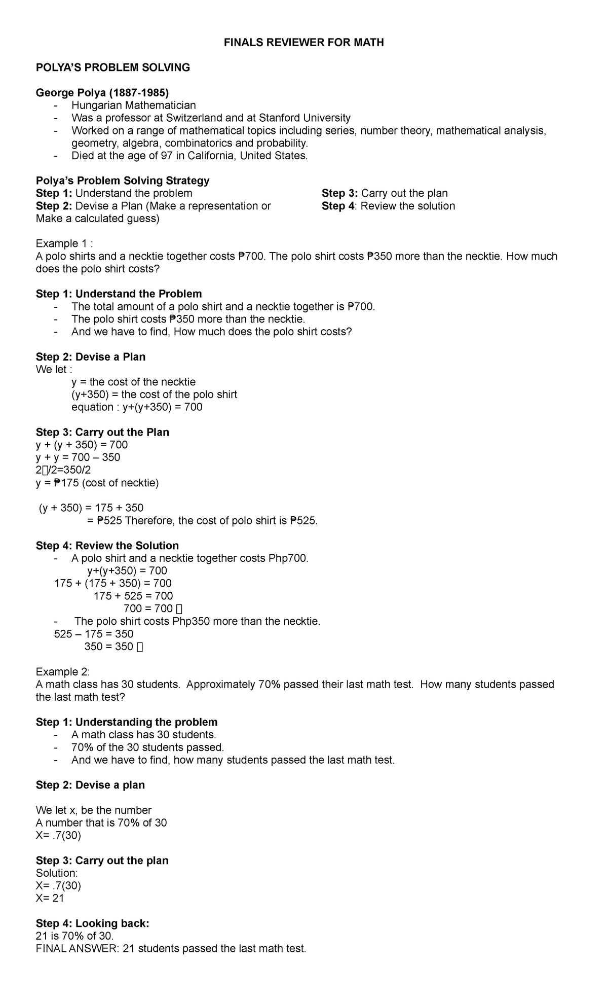 Finals Reviewer FOR MATH - FINALS REVIEWER FOR MATH POLYA’S PROBLEM ...