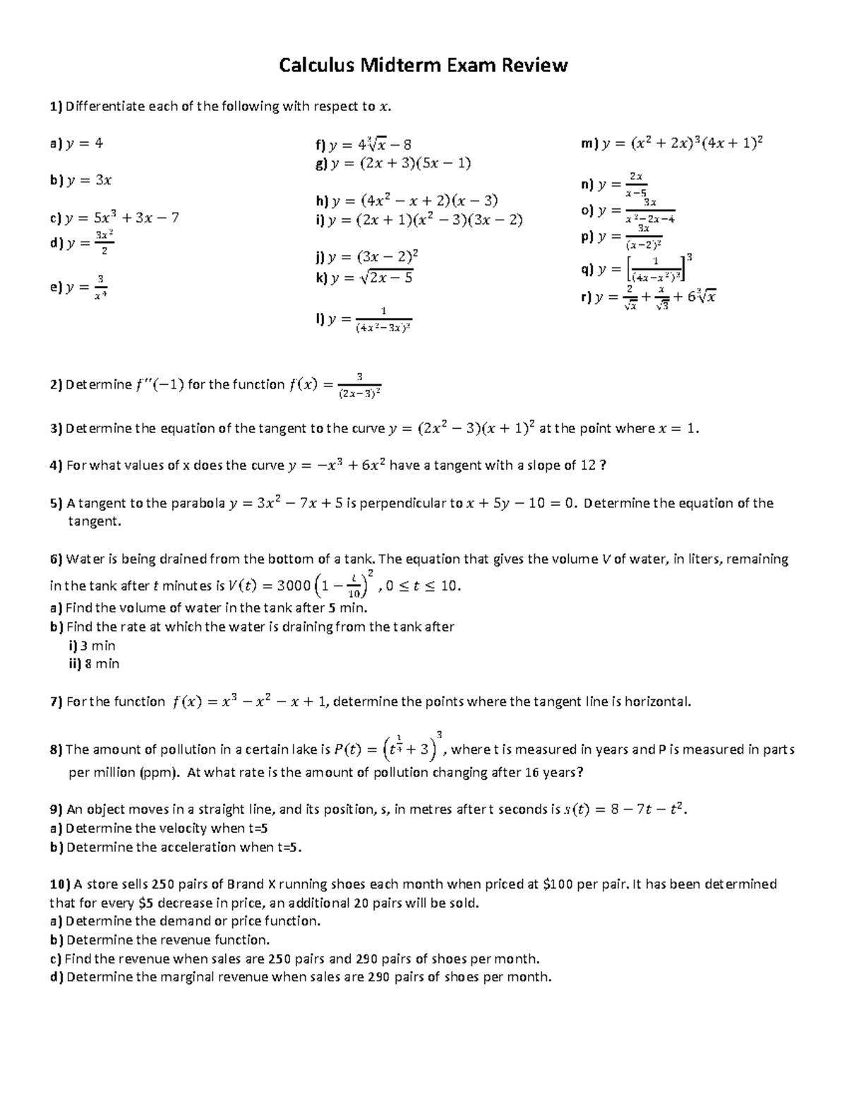 Calculus Review Set - Calculus Midterm Exam Review 1) Differentiate ...