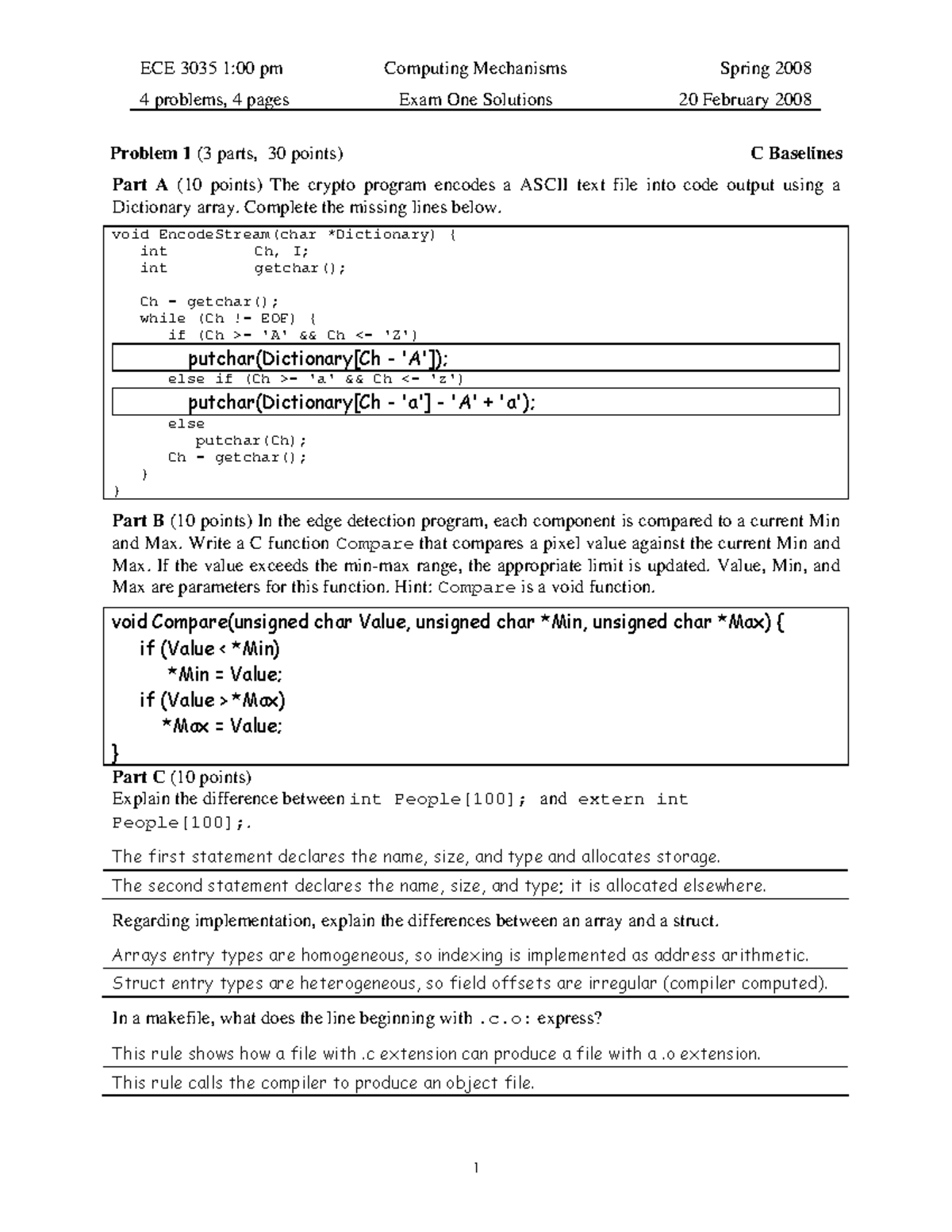 SP08 Exam 1 B Soln - Practice Exams - 4 problems, 4 pages Exam One ...