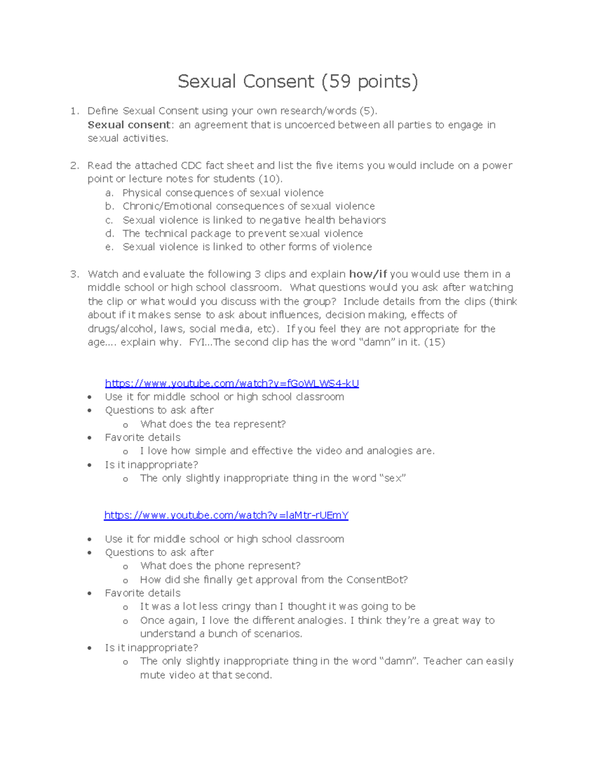 Sexual Consent Assignment - Sexual Consent (59 points) Define Sexual Consent  using your own - Studocu