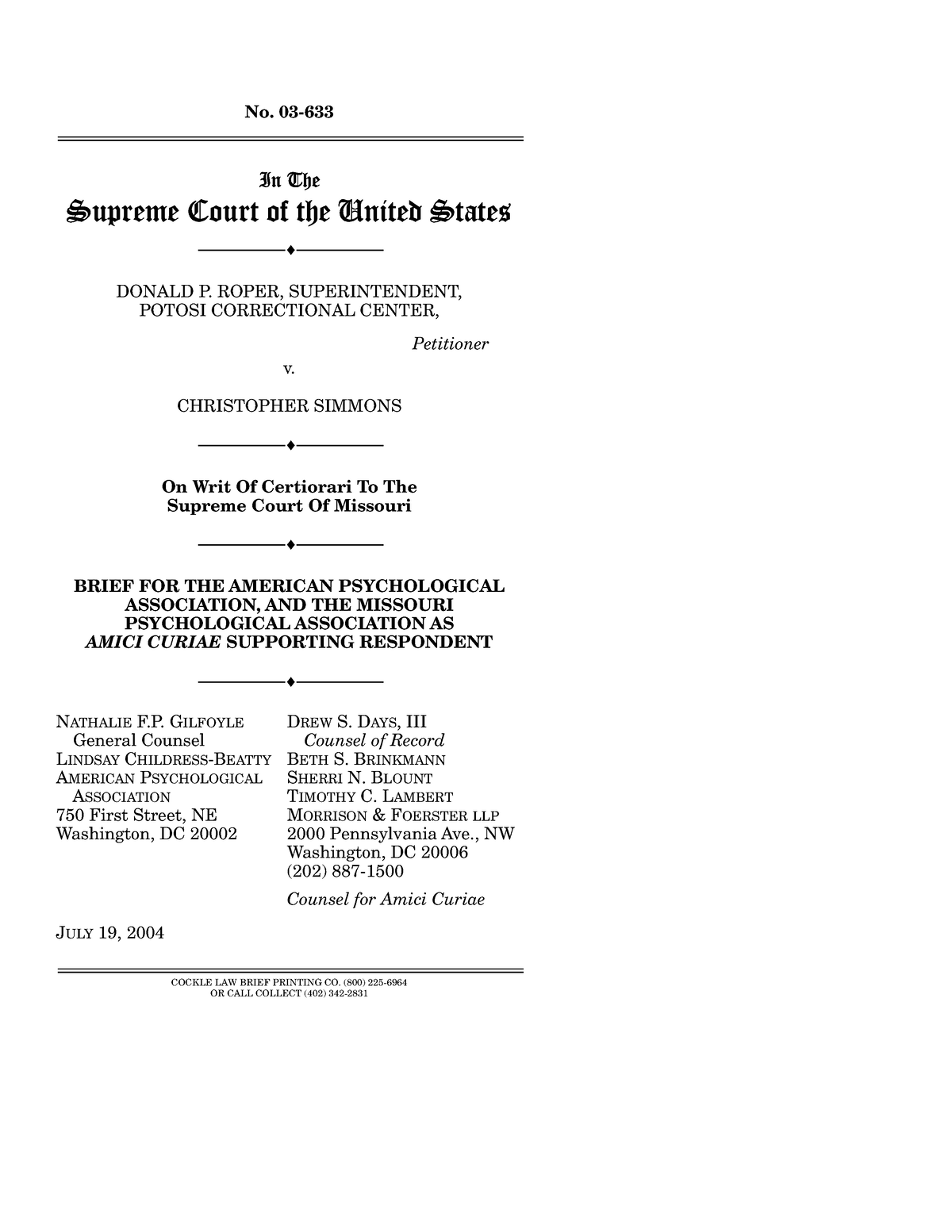 Roper v Simmons Amicus Brief No 03 In The Supreme Court of the