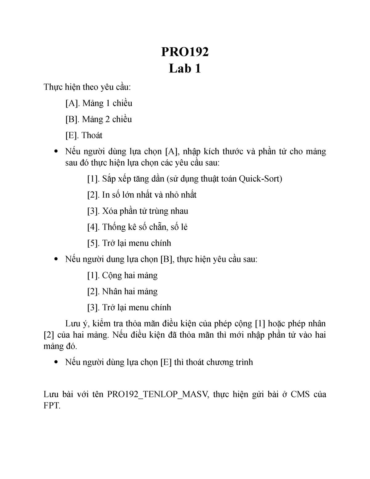 PRO192 Lab1 - Sadasdsadsa - PRO Lab 1 Thực Hiện Theo Yêu Cầu: [A]. Mảng ...