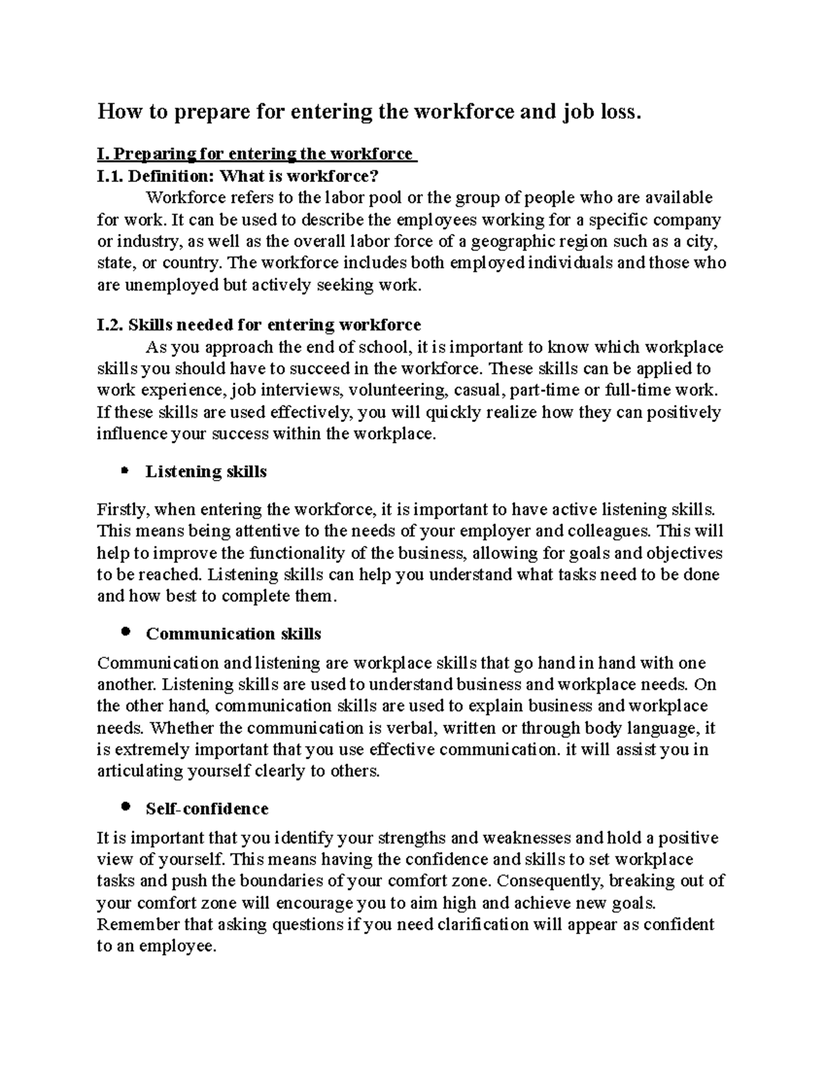 How to prepare for entering the workforce and job loss - I. Preparing ...