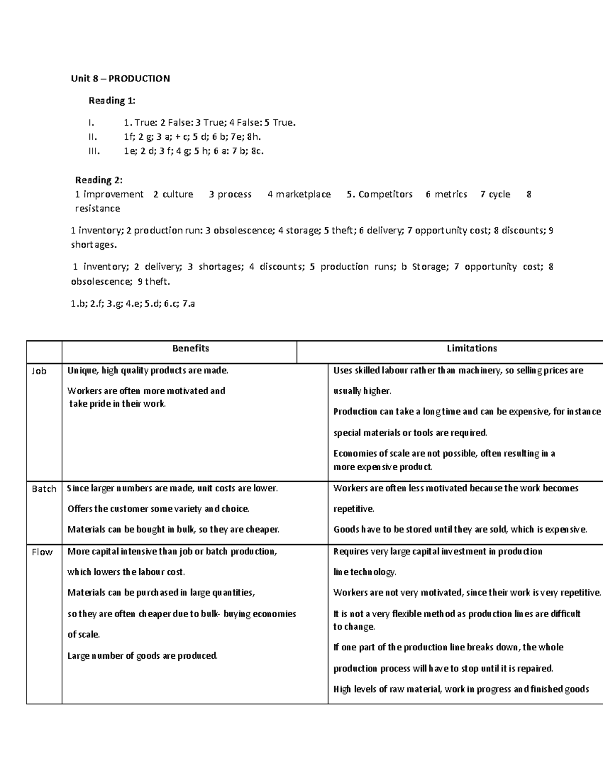 KEY Unit 8- For Stu - Key 8 - Unit 8 – PRODUCTION Reading 1: I. 1. True ...