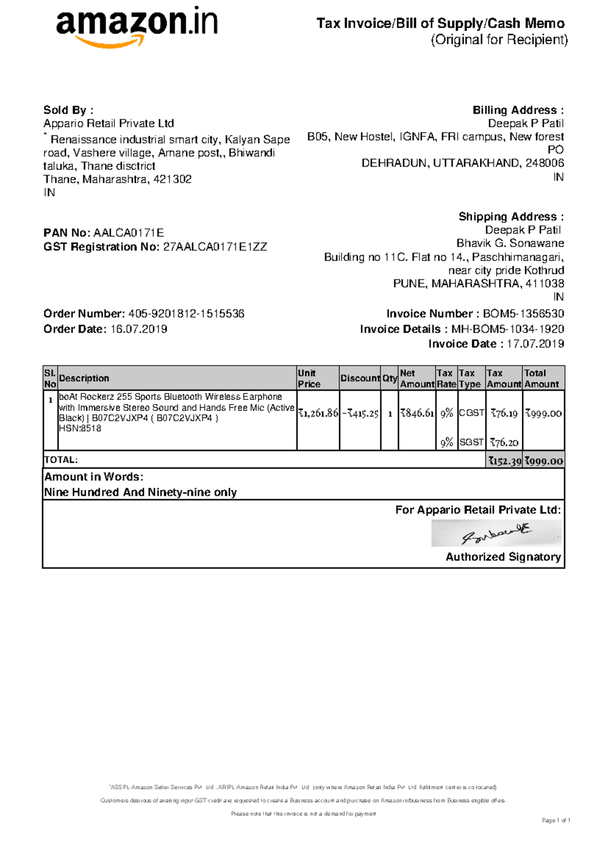 Boat rockerz 255 pro Amazon invoice - Tax Invoice/Bill of Supply/Cash ...