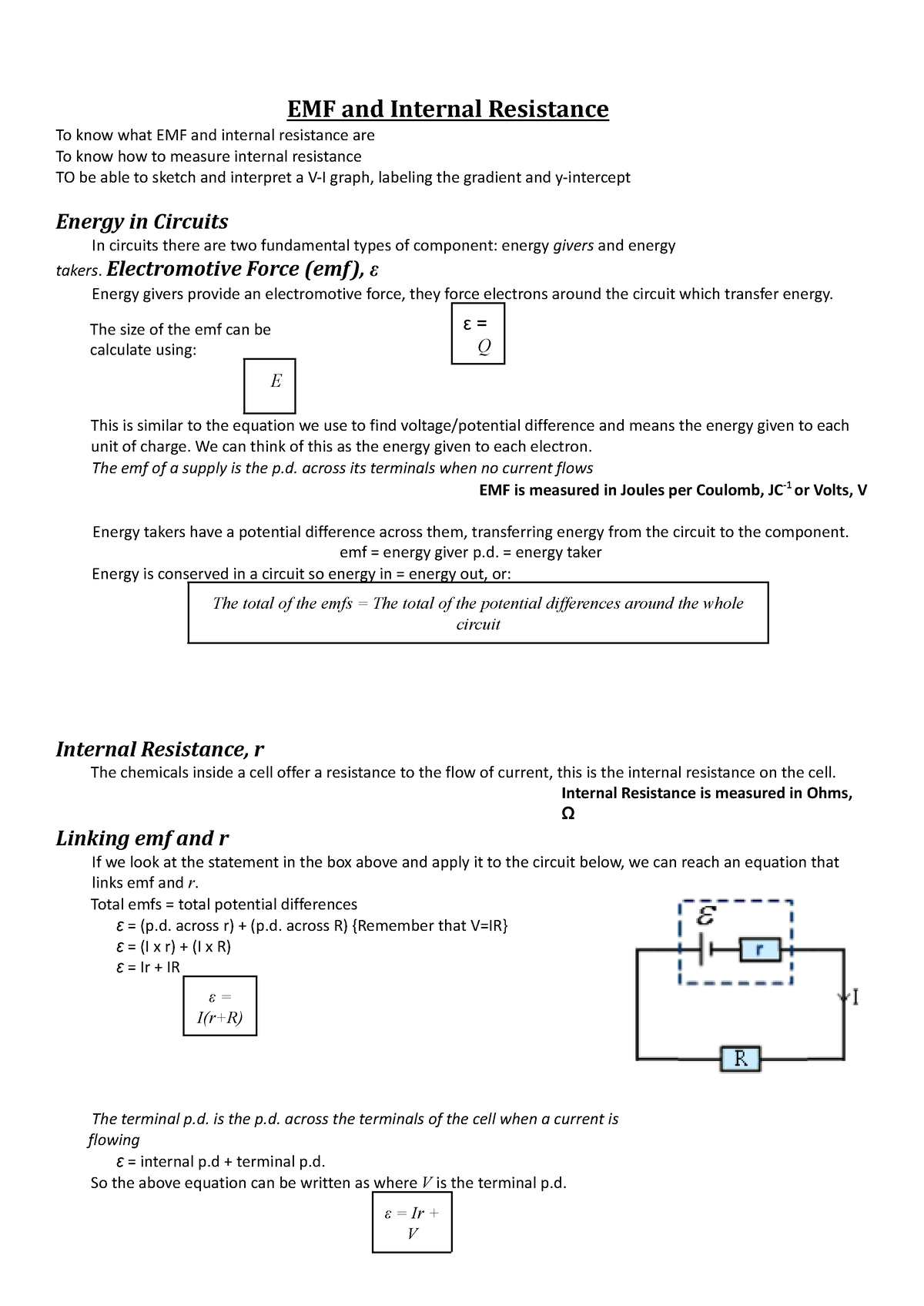 Emf And Internal Resistance Electromotive Force Emf ε Energy Givers Provide An 3384