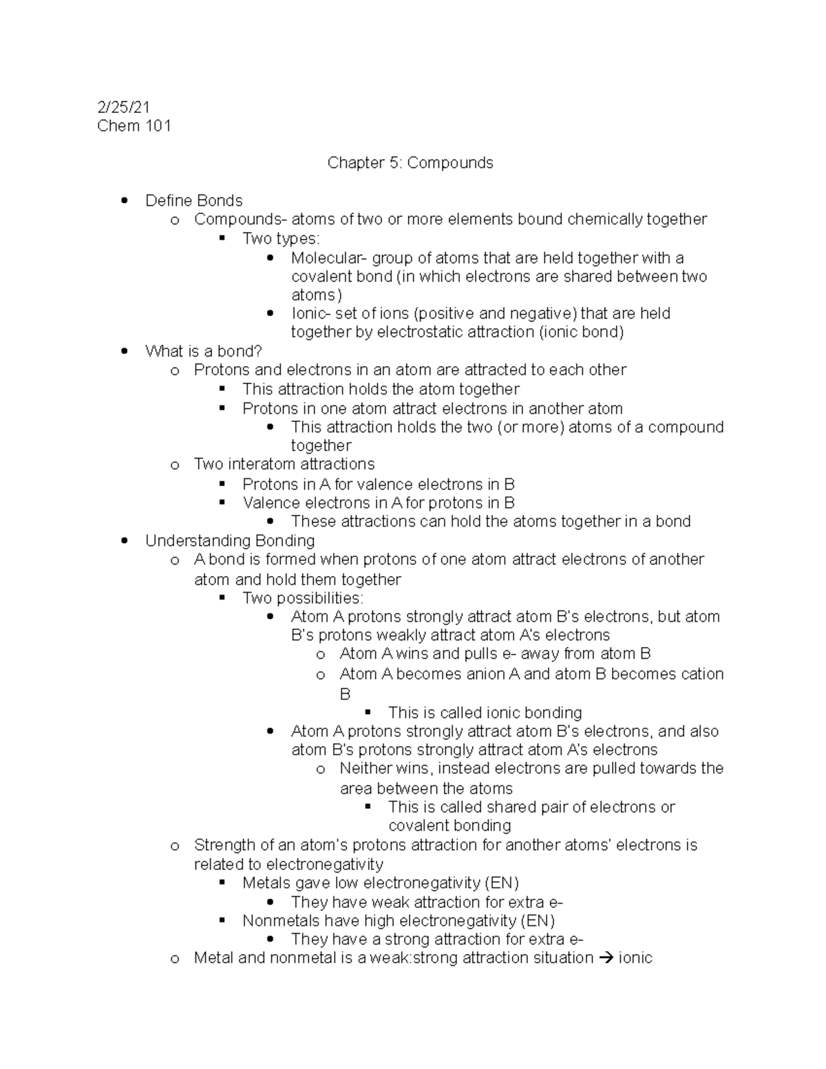 Chapter 5 Compounds - Lecture notes 5 - 2/25/ Chem 101 Chapter 5 ...