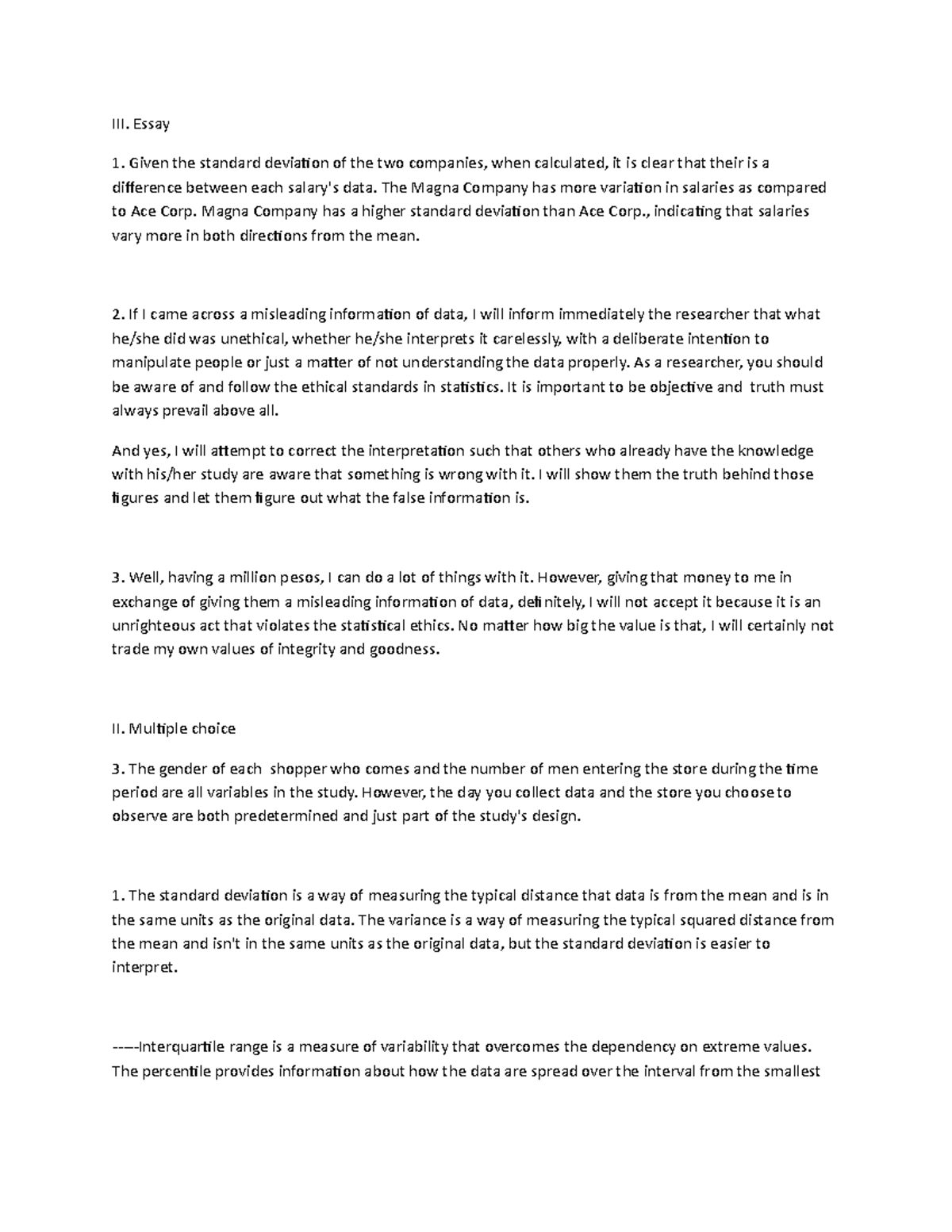 Stats MOD. 2 ANS WPS Office - III. Essay Given the standard deviation ...