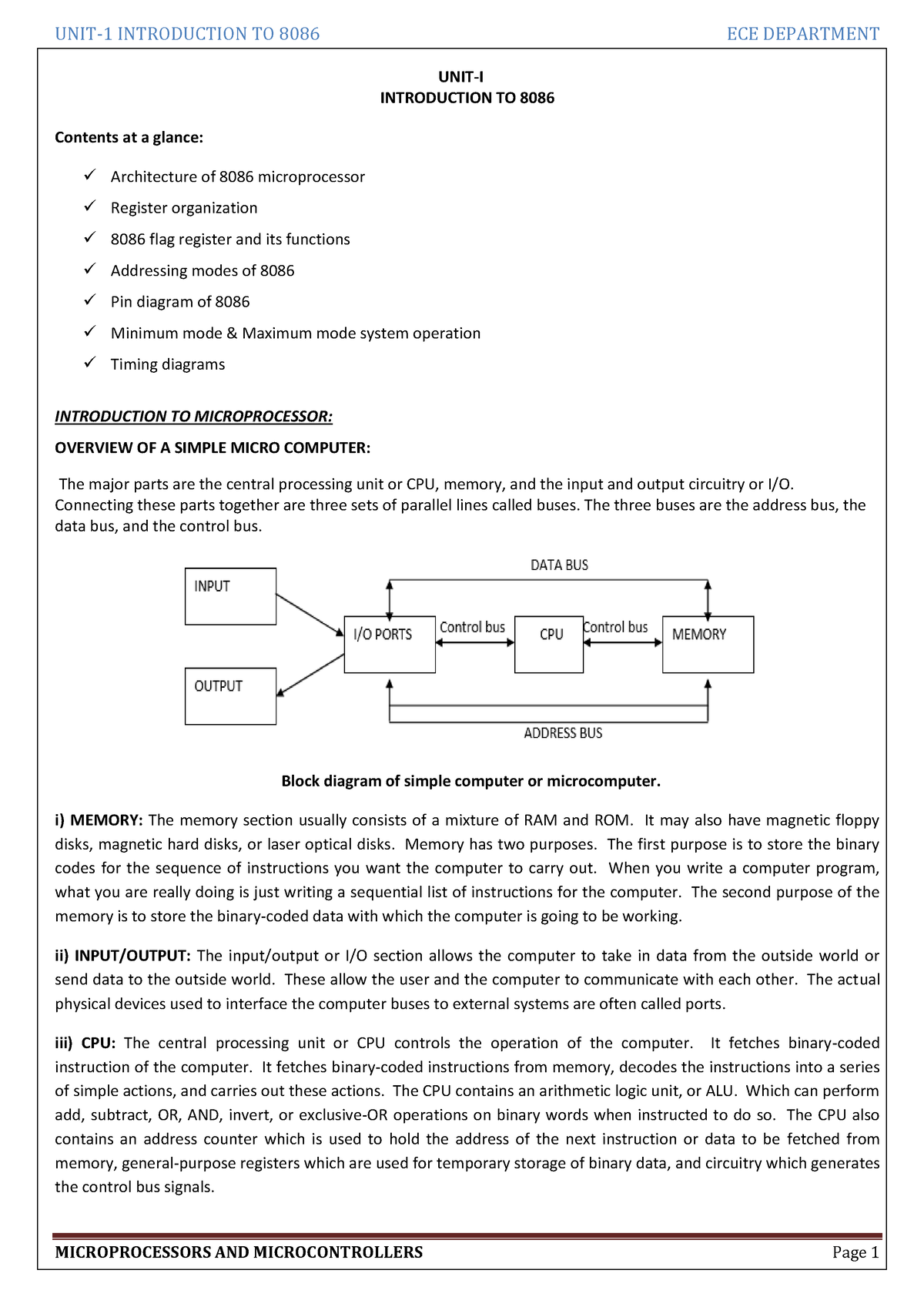 Unit-1-MPMC - Ghhhhh - UNIT-I INTRODUCTION TO 8086 Contents At A Glance ...