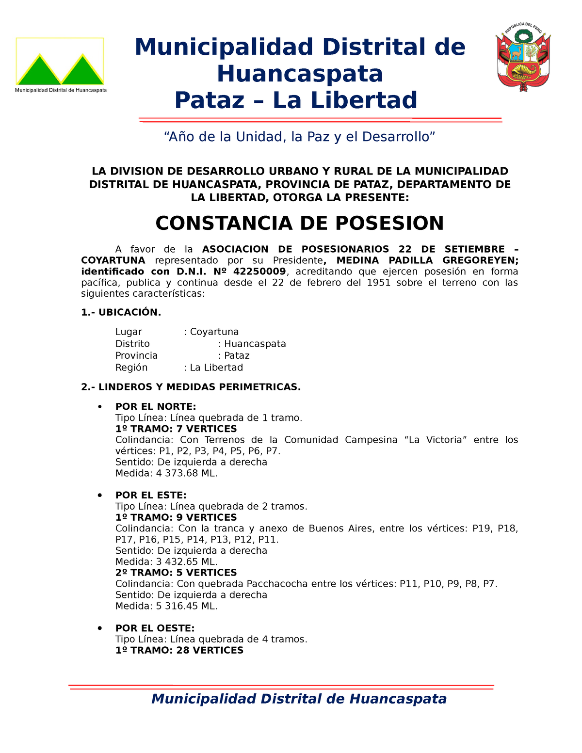 Constancia De Posesion Coyartuna Municipalidad Distrital De Huancaspata Pataz La Libertad 8639