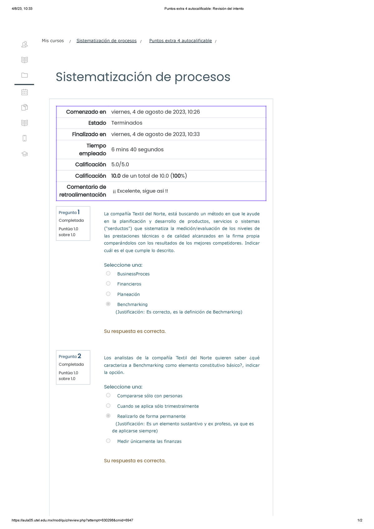 Puntos Extra 4 Autocalificable Revisión Del Intento Sistematizacion De ...