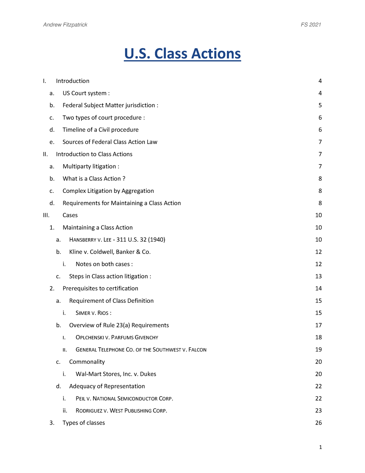 Classaction lawsuits class notes U. Class Actions I. Introduction a