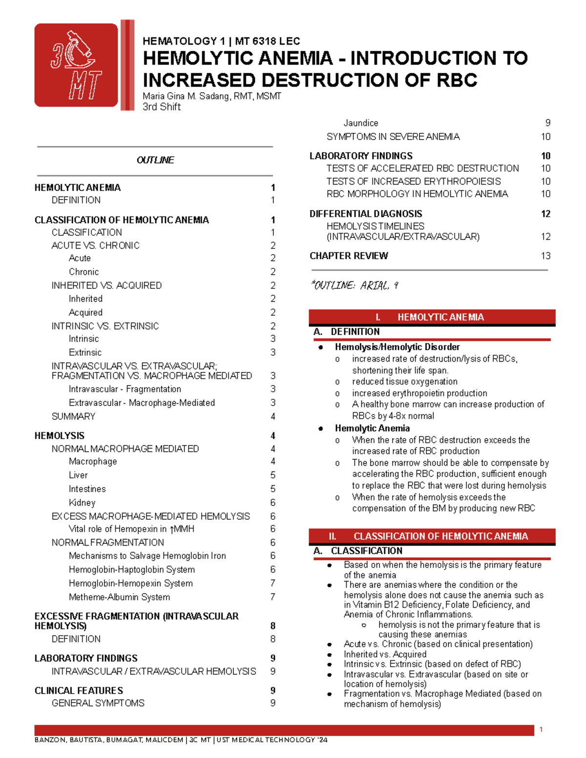 3RD Shifting Hematology - HEMATOLOGY 1 | MT 6318 LEC HEMOLYTIC ANEMIA ...