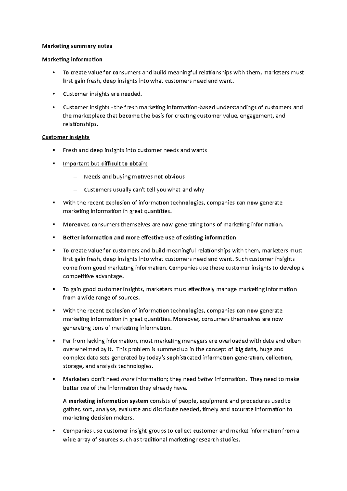 Marketing summary notes 7 - Marketing summary notes Marketing ...
