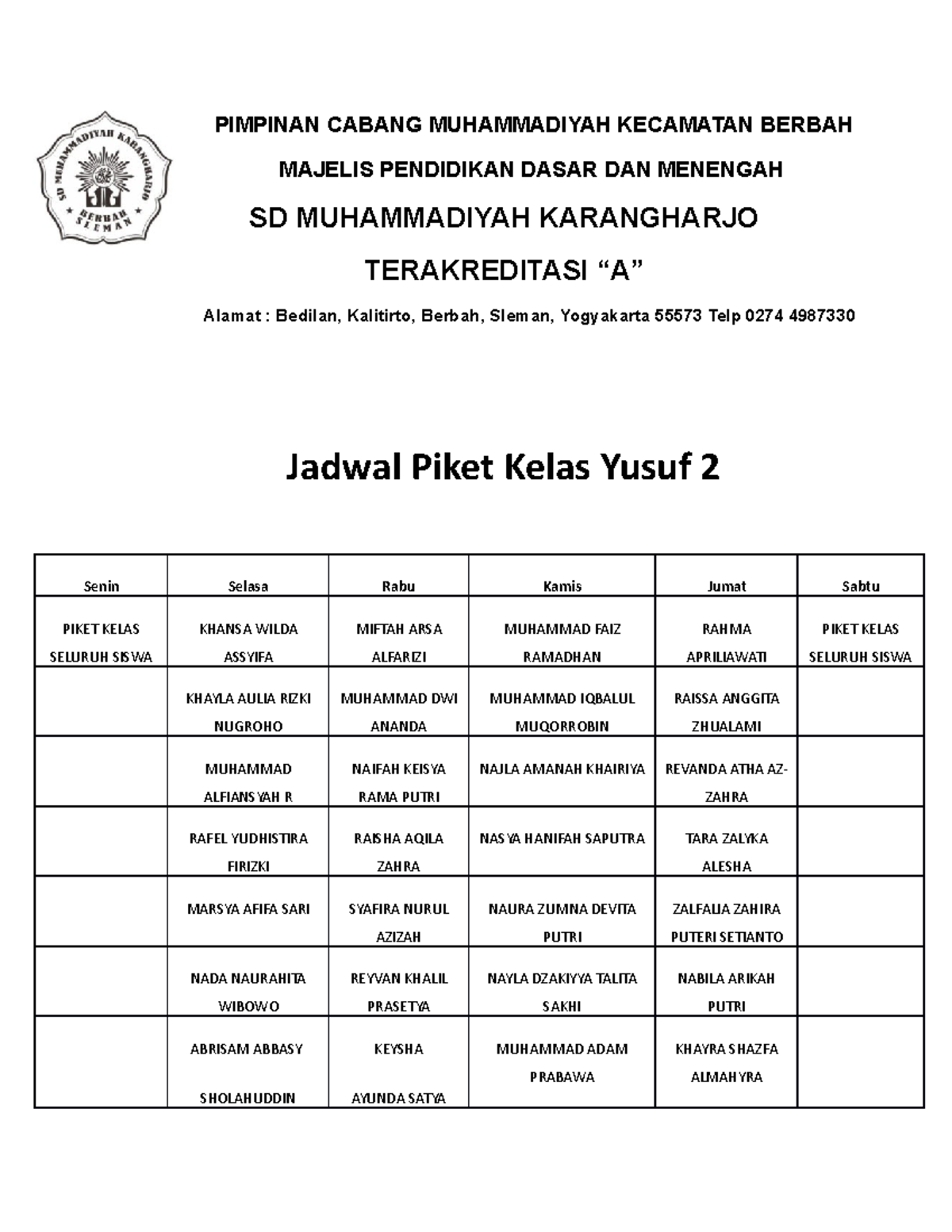 Jadwal Piket Kelas Yusuf 2 - PIMPINAN CABANG MUHAMMADIYAH KECAMATAN ...